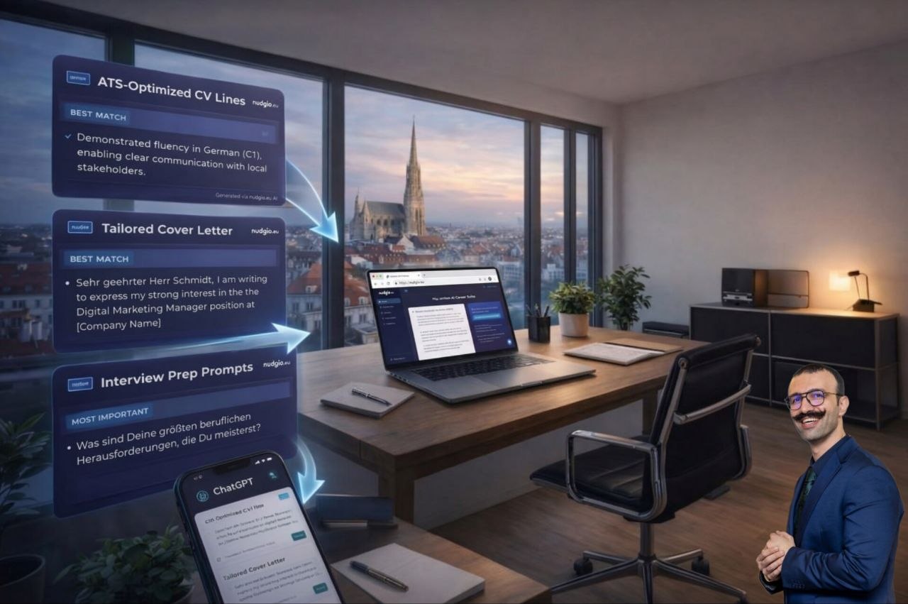 Vienna office with ATS-optimized CV, cover letter and interview prompts from Nudgio